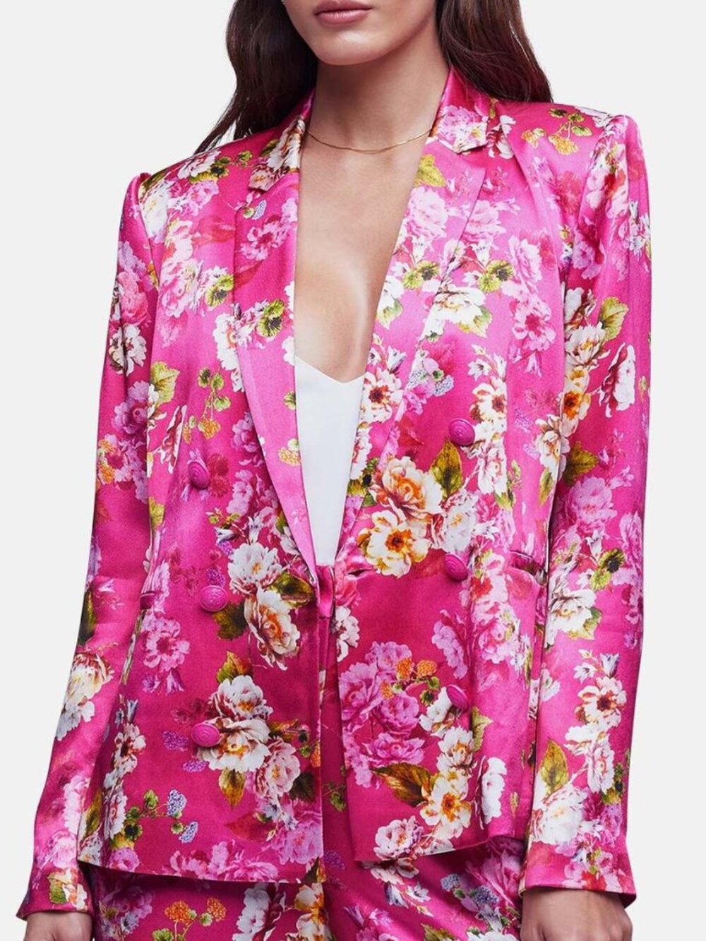L'AGENCE 'Colin' Double-Breasted Floral Satin Blazer, Moschata Rosa Pink